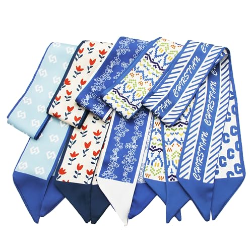 La mejor comparación de Cuello pelo sintético Top diez. 37 QTMY - Paquete de 5 bufandas, bufanda crepuscular para bolsas, bufanda de cabeza de seda para bolso de pelo, bufandas, banda, cuello, bufandas, regalos de moda, 104, Azul, Normal