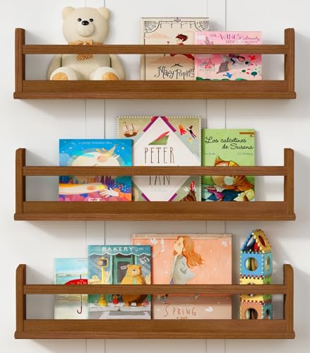 Image of Harwaya Floating Nursery Book Shelves Wall Mounted, Wooden Wall Bookshelf for Kids Room, Dark Wood Hanging Book Shelf for Baby Toddler Childrens Bedroom (24 Inch, Walnut Brown, Set of 3)