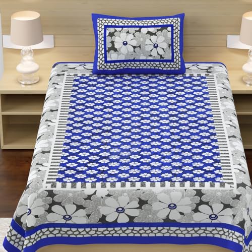 Image of RajasthaniKart Pure 100% Cotton Single Bed Sheet with 1 Pillow Cover (Bedsheet for Single Bed Cotton, Blue Floral)