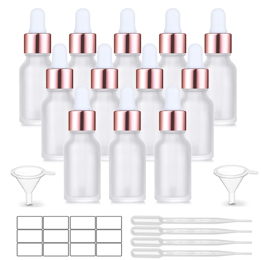 12 Pack, 0.5 Oz Matte Glass Dropper Bottle, Empty Frosted Essential Oil Bottle Holder With Glass Eye Dropper, Rose-Golden Caps Perfume Travel Vial