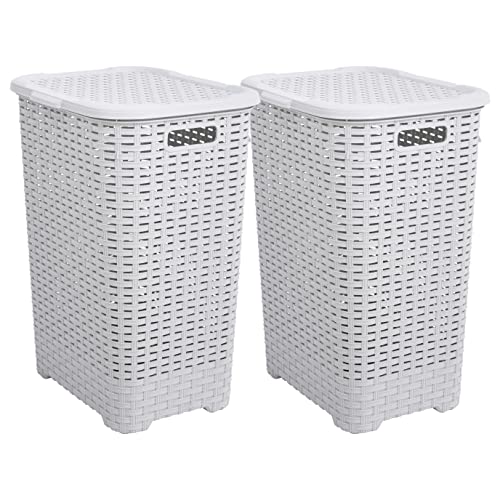 Cesta para la colada Superio con tapa, 60 litros de hueso marfil (2 unidades) cesto de mimbre de plástico con asas recortadas, papelera de lujo para almacenar paños sucios en el baño