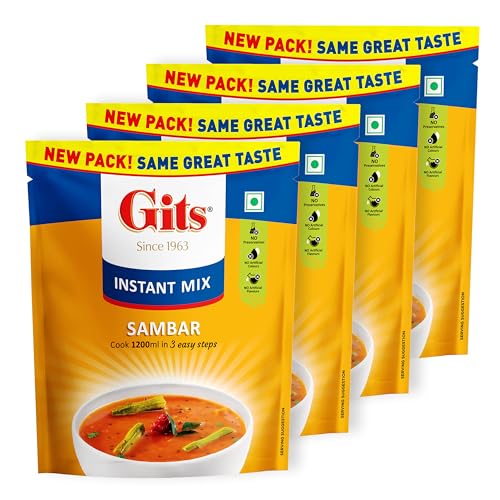 Image of Gits Instant Sambhar Breakfast Mix, Makes 1200ml per Pack, Pure Veg, South Indian Recipe 400g (Pack of 4, 100g Each)