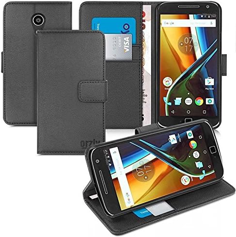 Orzly® - Multi-Function Wallet Case for Moto G4 & Moto G4 Plus Smartphone (2016 Lenovo/Motorola Model) - Black Wallet Case Style Phone Cover with Card Pockets & Integrated Display Stand
