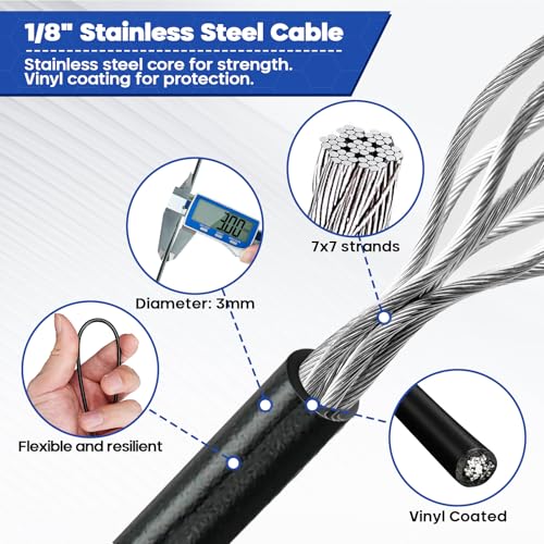 TooTaci Kit de Cable de Acero Inoxidable Recubierto de Vinilo Negro 1/8", 200 pies, Tensores M5 para Cables miniatura 5