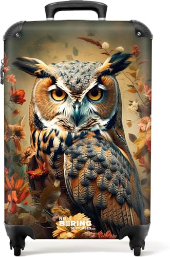 NoBoringSuitcases.com® Handgepäck Koffer 55x35x20 cm Trolley Carry on Handgepäckkoffer 4 Rollen Leicht Kabinentrolley Hartschalenkoffer Eule - Blumen - Orange