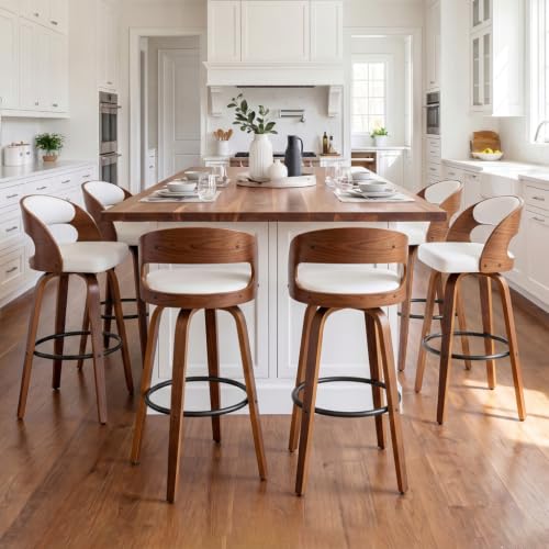 Image of AQG Swivel Bar stools Set of 6 Bar Chairs 26 inch Counter Height Mid-Century Modern Bentwood Barstool PU Leather Upholstered Bar Chair with Back and Footrest, for Bar, Cafe, Dining, Kitchen Island, White