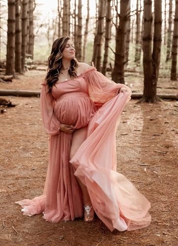 Verngo Tulle Maternity Dress for Photoshoot Long Sleeve Off Shoulder Slit Pregnancy Gown Baby Shower Dresses2