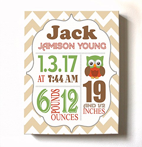 Personalized Stretched Canvas Birth Announcement Gift, Custom Baby Name, Date, Weight Stats, Newborn Nursery Owl Wall Art Decor, Wooden Frame Construction, Ready to Hang 11X14