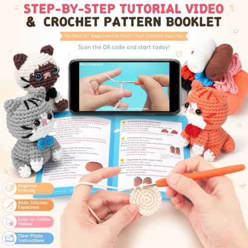 Image of Fortuning's JDS Crochet Kit for Beginners, 3 Cat Crochet Animal Kit Starter | w / Step-by-Step Video Tutorials, Beginner Crochet Kit for Adults, Bow-Wearing Cat Crochet Set, Crochet Gifts for Cat Lovers
