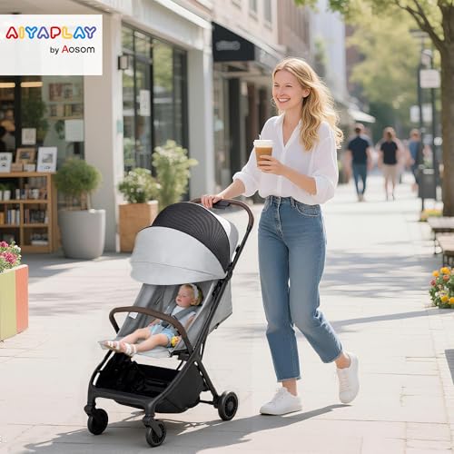 AIYAPLAY Baby Stroller, Foldable Travel Pushchair with Adjustable Seat, 5-Point Harness, Canopy, All Wheels Suspension, Storage Basket, 6.3kg Lightweight & Compact, from Birth to 3 Years, Light Grey - Image 3