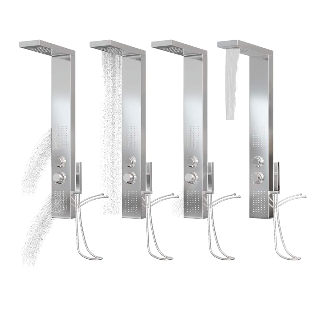 Sistema di pannelli doccia multifunzione in acciaio inox resistente con finitura spazzolata, design quadrato, quattro modalità: doccia a pioggia, doccia a cascata, cascata