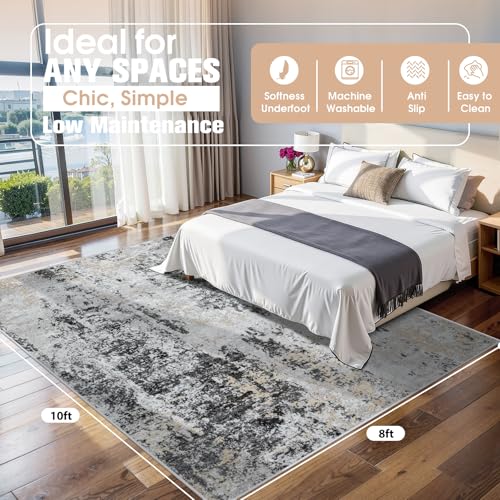 8x10 Area Rugs for Living Room Rug Washable: Abstract Large Rug for Dining Room Bedroom Carpet Non Slip 8 by 10 Indoor Modern Nursery Home Office Black Grey Gold