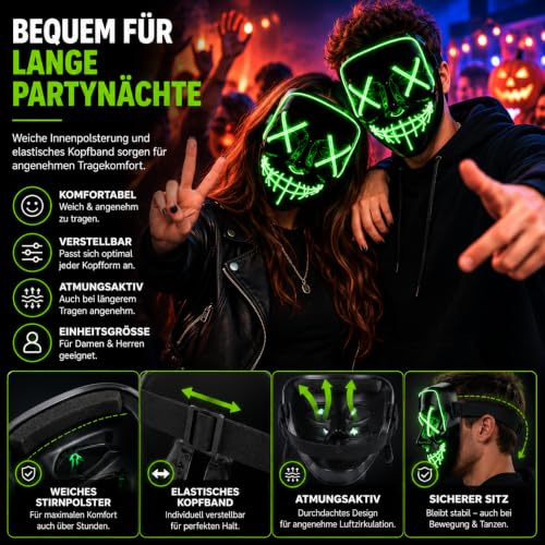 Costumed Halloween Maske Purge LED grün - Kostümmaske steuerbar für Halloween, Fasching & Karneval als Kostüm & Verkleidung für Herren &… – Ansicht 4