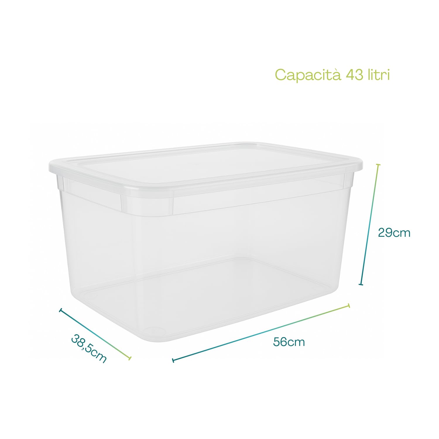 VIRSUS 8 Contenitori Multiuso Trasparente, misura 56x38,5x29 cm e capacità 43Lt, porta biancheria, coperchio chiusura a scatto, box salvaspazio impilabile armadio, accessori -672F