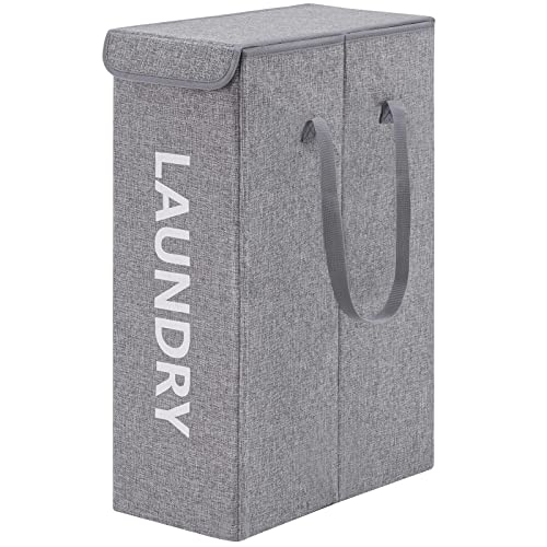 YOUDENOVA Schmal Wäschekorb mit Deckel, Faltbar Wäschesammler Wäschetruhe, Stabiler Wäschebox, Laundry Hamper with Lid, 20x40x60cm Grau B Cover