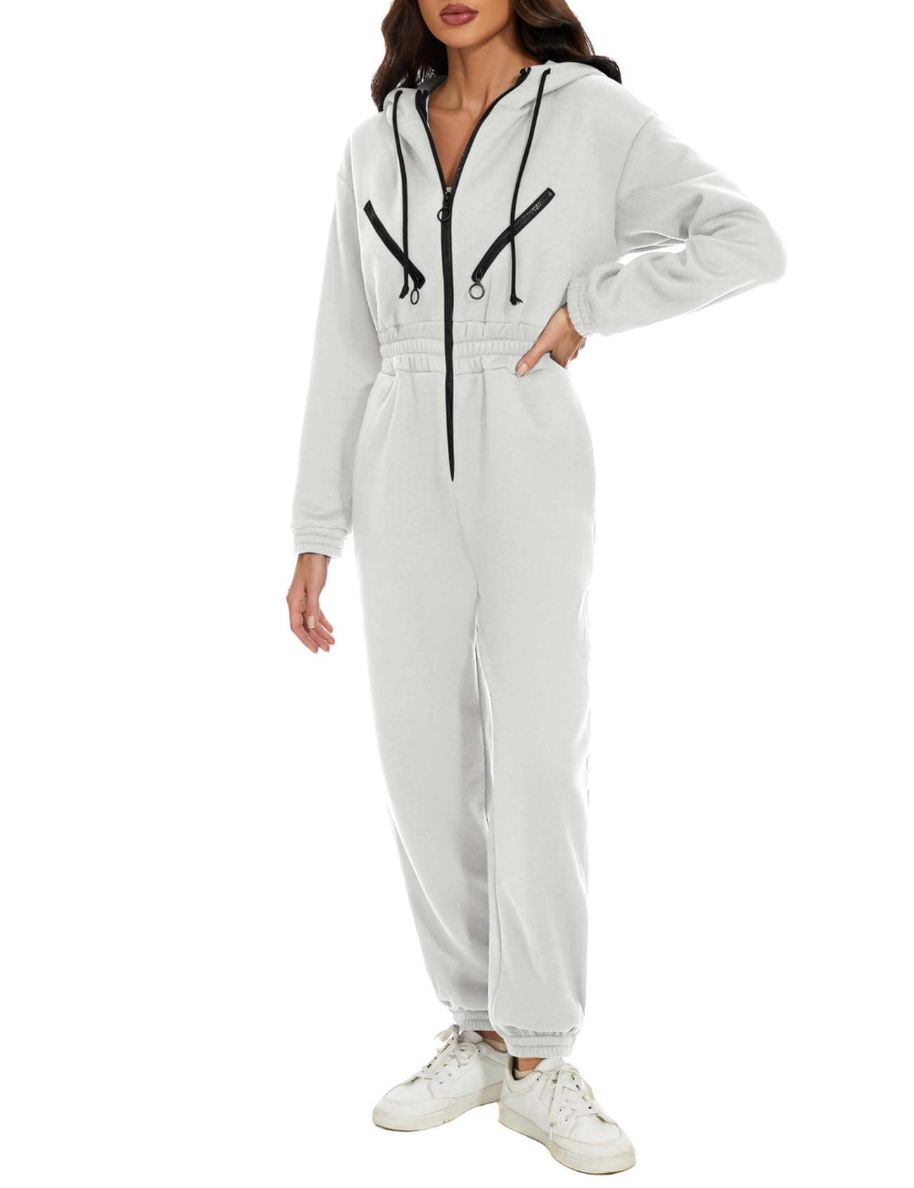 cozypoin Womens One Piece Fleece Tracksuit with Hood Romper, White, Small, white, S-picture-22