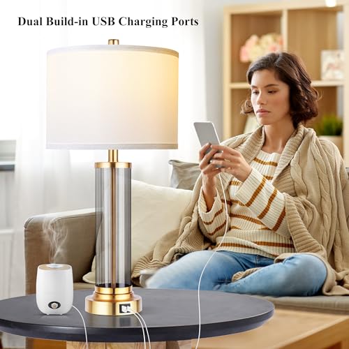 Qimh Touch Control Table Lamp Set Of 2 With Usb A+C Ports, 3-Way Dimmable Nightstand Lamp With Fabric Cream Shade thumb #2