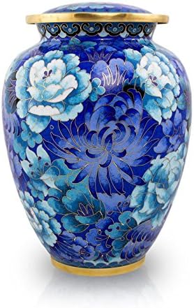 Cloisonne Blue Bronze Memorial Urn for Ashes - Extra Large - Holds Up to 210 Cubic Inches of Ashes - Cloisonne Blue Floral Cremation Urn for Adults