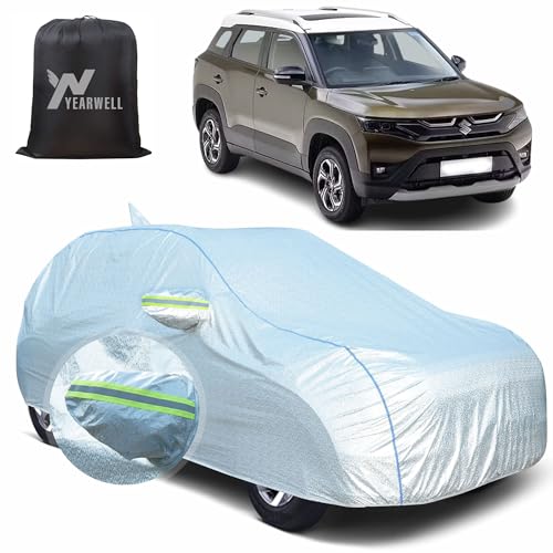 Image of Car Body Cover for Maruti Brezza New, 100% Waterproof, Heat-Resistant with Mirror & Antenna Pockets, Soft Cotton Lining, Triple Stitched, Piping & Reflector (Reflective Silver)