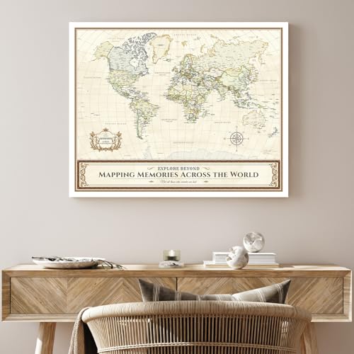 Image of DECORARTS - World Travel Map with Pins, Pin Board Canvas Wall Art, Colorful Classic Maps for Wall Decor, Giclee Print on Canvas, Handcrafted in USA, 20x16''