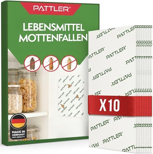 PATTLER Mottenfalle Lebensmittel mit Pheromon – 10er Set. Klebefalle Gegen Lebensmittelmotten mit starkem Leim für Küche & Vorratsschrank, Diskret & sicher