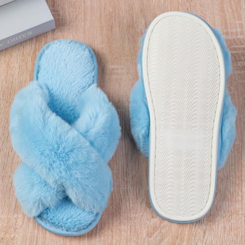 Image of Enteer Women's Slipper Memory Foam Cross Band Fuzzy Slippers Open Toe Cozy House Slippers Cozy Plush Bedroom Indoor Outdoor