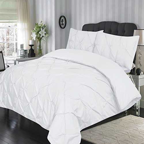 AR'S Luxury Quality Fancy Vintage Pintuck Diamond Pinch Pleat Puckering Poly Cotton Duvet Quilt Cover Set With Pillowcases (Double, white)