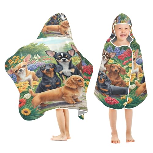 Kigai Cute Dogs Hooded Beach Towel for Kids Soft Absorbent Quick Dry Bath Towel with Hood Lightweight Toddler Shower Pool Bath Wrap for Boys Girls
