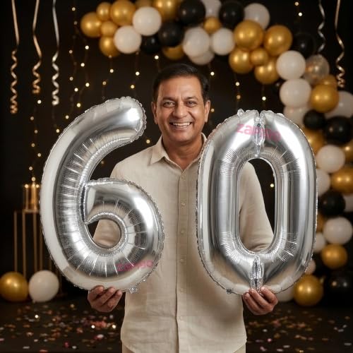 Image of Balloonistics Silver 40-Inch Foil Number 60 Balloon - Helium or Air Fill for 60th Birthday, Anniversary, Retirement Party Decoration, Photo Booth Backdrop, Cake Table Decor