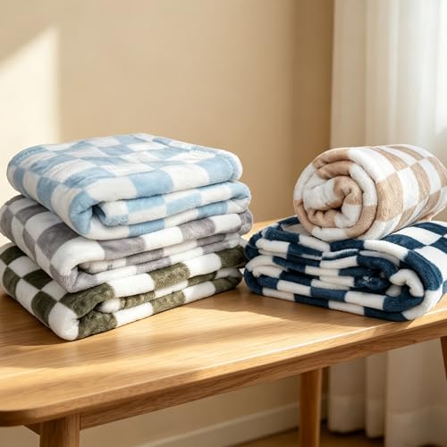 Image of Baby Blanket 5 Pcs Checkerboard Grid Ultra Soft Gift-Ready Plush for Newborns, Nursery & Stroller 30 inchx40 inch Green Blue Light Gray Dark Blue Camel