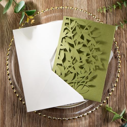 Invitaciones de boda verde oliva cortadas con láser para personalizar impresiones de fiesta 5