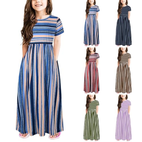 Kids Girls Short Sleeve Stripe Print Loose Casual Long Maxi Dress Casual Holiday Long Dresses with Pockets (Purple, 4-5 Years)