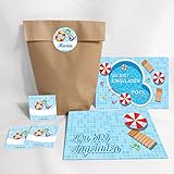 12-er Set Einladungskarten, Umschläge, Aufkleber zum Kindergeburtstag Schwimmbad / Pool Party / bunte Einladungen (12 Karten + 12 Umschläge + 12 Party-Tüten (Kreuzbodenbeutel) + 12 Aufkleber)