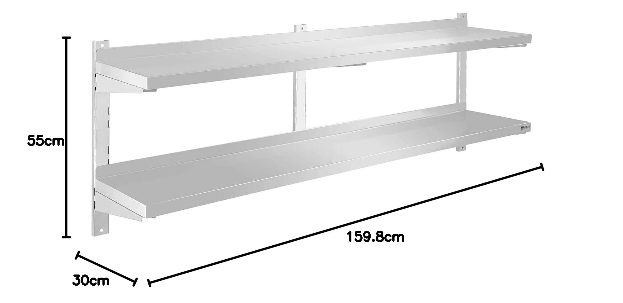 Royal Catering Étagère Murale Rangement Cuisine 2 plateaux RCWR-160.2 (160 cm de long, éléments pour montage mural, design moderne, inox)