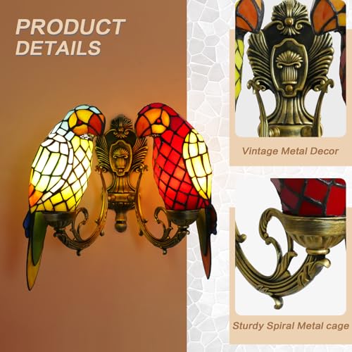 Image of 2-Light Double Parrot Tiffany Wall Sconce Stained Glass with Bulbs | Handmade double parrot stained glass Tiffany wall sconce, 2 lights, vintage decor, includes LED bulbs for bedroom hallway