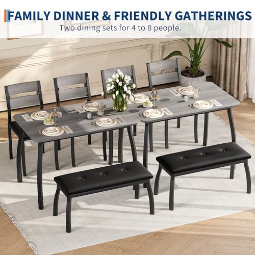 Dining Table Set for 4, Wooden Kitchen Table with Upholstered Bench & 2 Cushion Chairs, Space-Saving Dinette Set for Studio, Kitchen, Dining Room, Apartment(43''x28''x30''), Gray