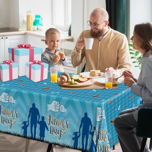 Image of 3Pcs Fathers Day Tablecloths - Blue Happy Fathers Day Rectangular Plastic Table Covers for Party Supplies, Size 70.8X42.5in