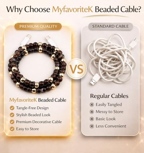 Image of Cute Beaded Cable Type C Phone Charger for iPhone or Android Fast Charging Colorful 3.3ft Cord for Smartphones (Obsidian Gold)
