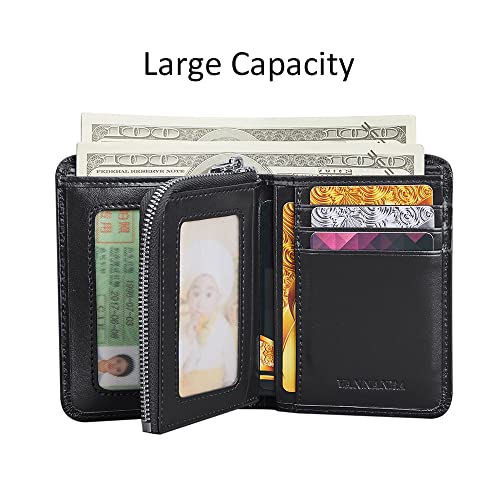 VANNANBA Genuine Leather Wallets for Men with Zipper Coin Pouch,RFID Blocking Bifold Front Poacket Multi Card Holder Wallet(Black)3