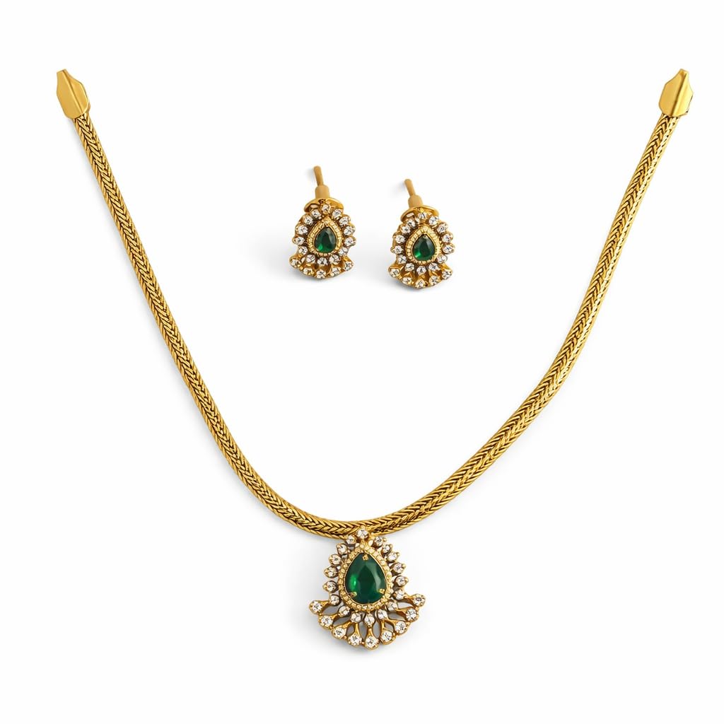 Elegant Gold-Plated Emerald Green Stone Choker Jewelry Set for Women - Designer American Diamond Pendant Necklace with Matching Stud Earrings | Antique Traditional Jewellery for Weddings, Parties, and Gifting-image-20