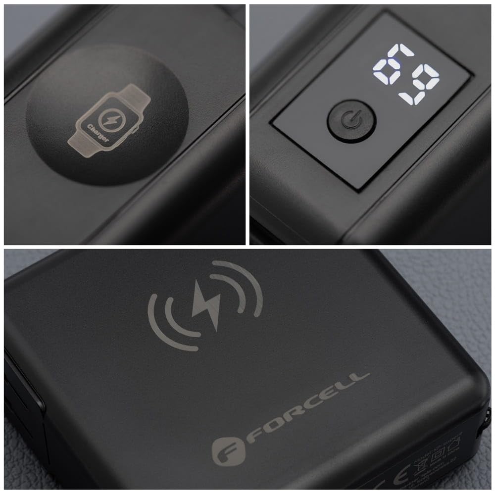 Forcell F-Energy 6w1 Cargador de viaje USB-C USB-A de 45 W - Powerbank 15000mAh - Carga inalámbrica de 15 W PD QC 3.0 - EU UK US enchufes, pantalla LCD