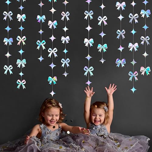 Image of Iridescent Bow Decorations Holographic Paper Star Bow Hanging Garland Streamer Banner for Coquette Birthday Bachelorette Wedding Bridal Shower Engagement Anniversary Hen Party Decorations Supplies
