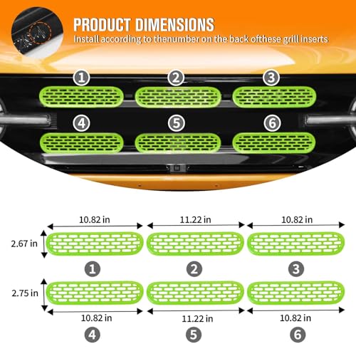 Image of Jimen Compatible with Ford Bronco 2021-2023, 6PCS Front Grille Inserts Mesh Grill Cover Exterior Trim Accessories (Green)