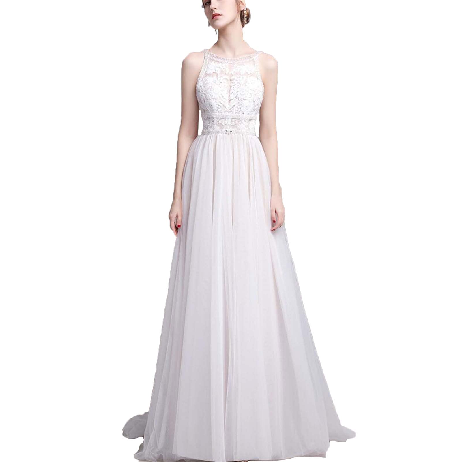Vestido de Novia de Playa, Solo para Novias, Vestido de Novia sin Mangas con Calcomanías, Blanco, 4