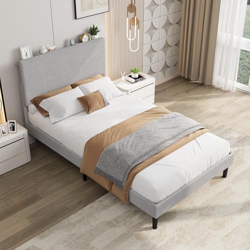 Image of GarveeLife Corduroy Upholstered Platform Bed Frame with USB Charging Station, Adjustable Storage Headboard, Wooden Slat Support, No Box Spring Needed, Easy Assembly,Twin Dark Gray