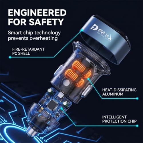 Image of PVMAX 130W Car Charger, Type-C PD 30W & USB 100W Dual Port Fast Charging, QC Certified, Car Mobile Charger Adapter for All iPhone, Android Smartphones & Laptop, 1 Year Warranty (Transparent)