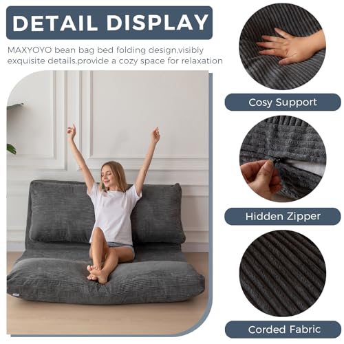 Image of MAXYOYO Folding Sofa Bed, Extra Thick and Long Floor Sofa Convertible Chair with Washable Cover, Floor Couch Lounge Bean Bag Bed for Living Room, Dark Grey, 30x91 Inch