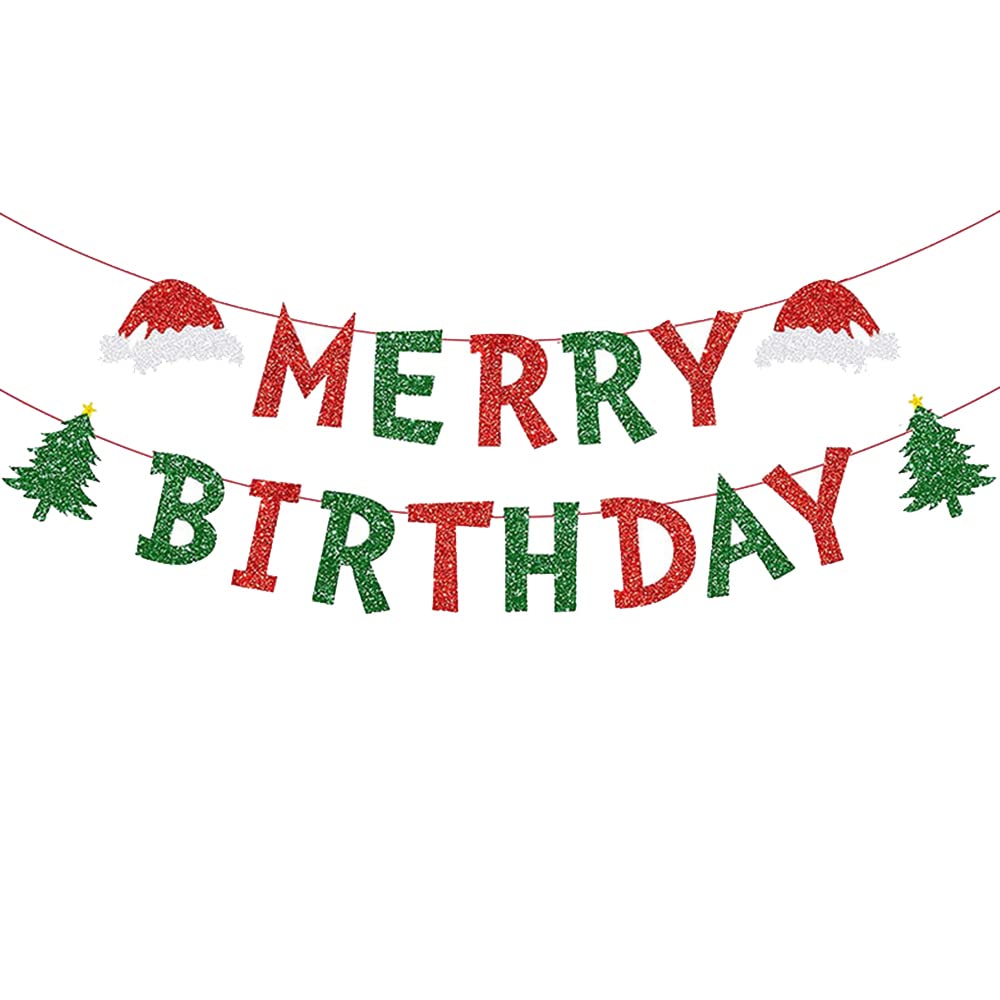 Merry Birthday Banner Red &Green Glitter Christmas Xmas Tree Garland Grinch Christmas Birthday Banner for Home Office Fireplace Mantle Xmas Birthday Christmas Baby Shower Holiday Party Decorations