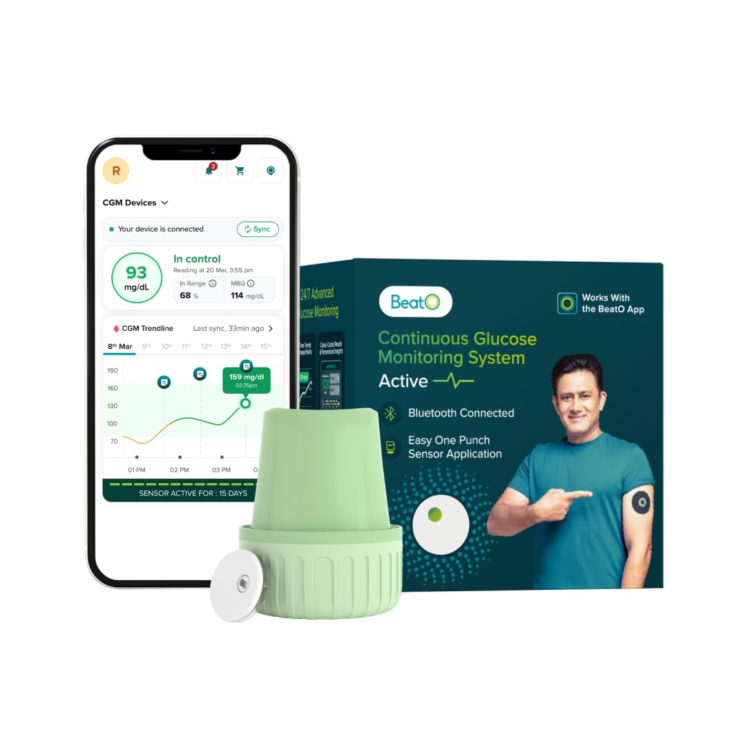 BeatO CGM | 15 Day | Bluetooth Connected Active Continuous Glucose Monitor, Real-Time Tracking, Bluetooth-Enabled, One-Push Application, Easiest CGM to Apply, Lasts 15 Days, No Scanning Needed (Pack of 1)