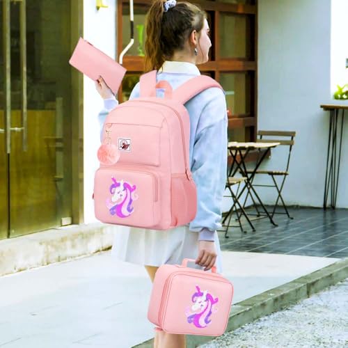 3PCS Unicorn With Sequin Backpack, Water Resistant Girls Aesthetic Bookbag with Lunch Box, 18 Inch Cute Anti Theft School Bag Set for College Teenagers Senior Junior Elementary - Pink Unicorn2